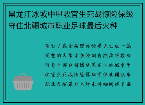 黑龙江冰城中甲收官生死战惊险保级守住北疆城市职业足球最后火种